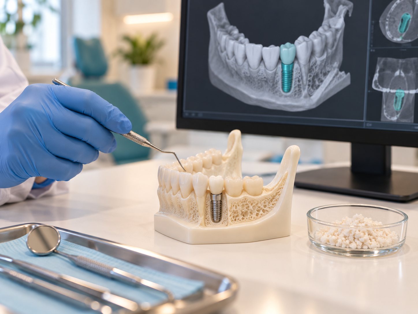 Jaw model with an implant and bone-graft material, scan on screen