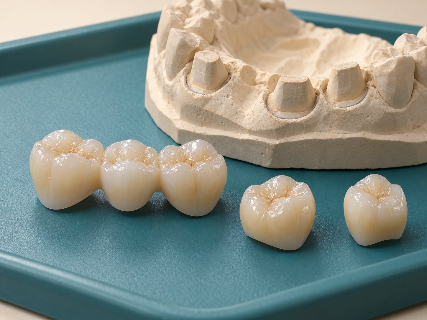 A bridge and crowns beside a plaster model of the teeth