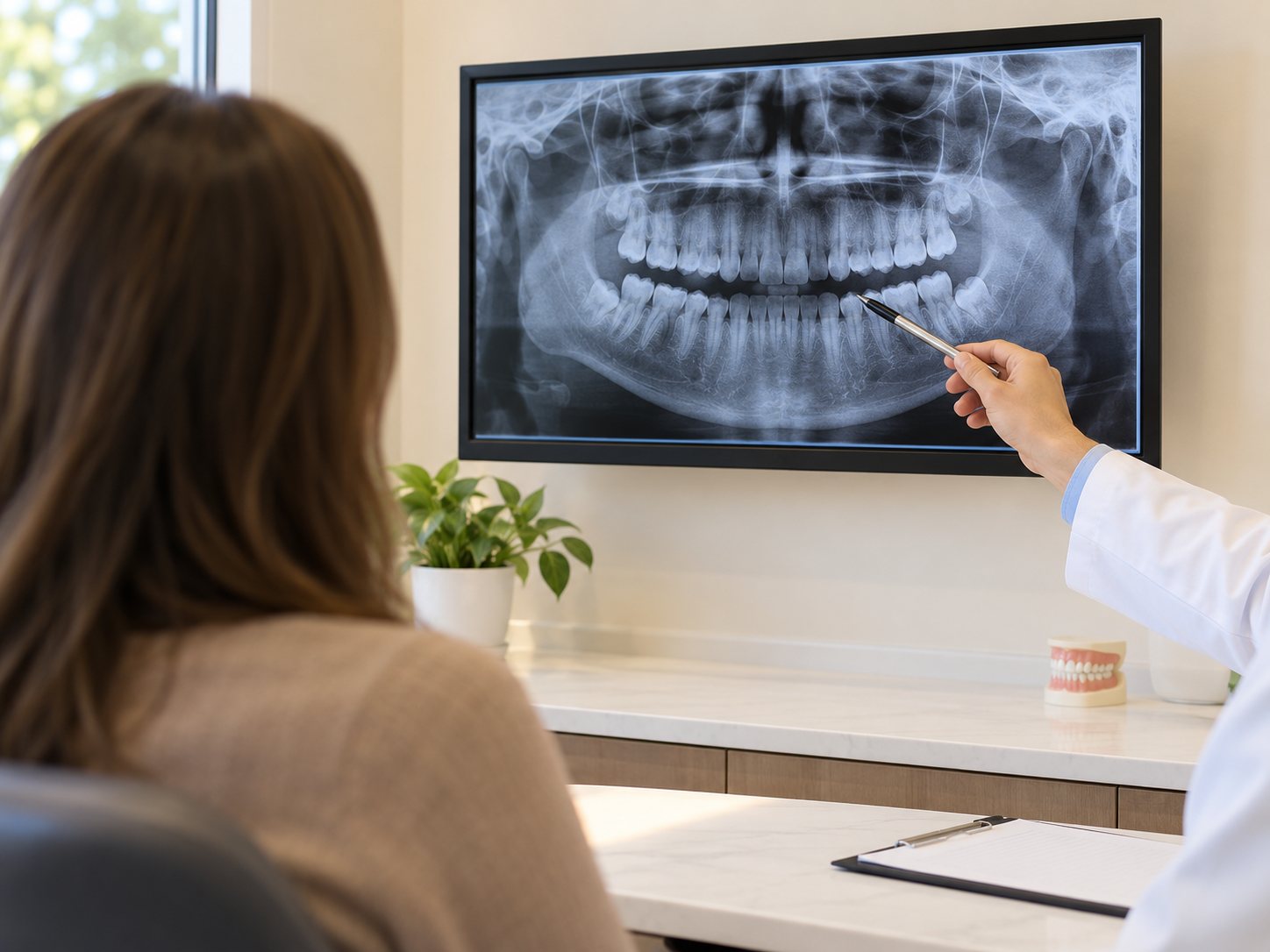 Dentist explaining a jaw X-ray to a patient