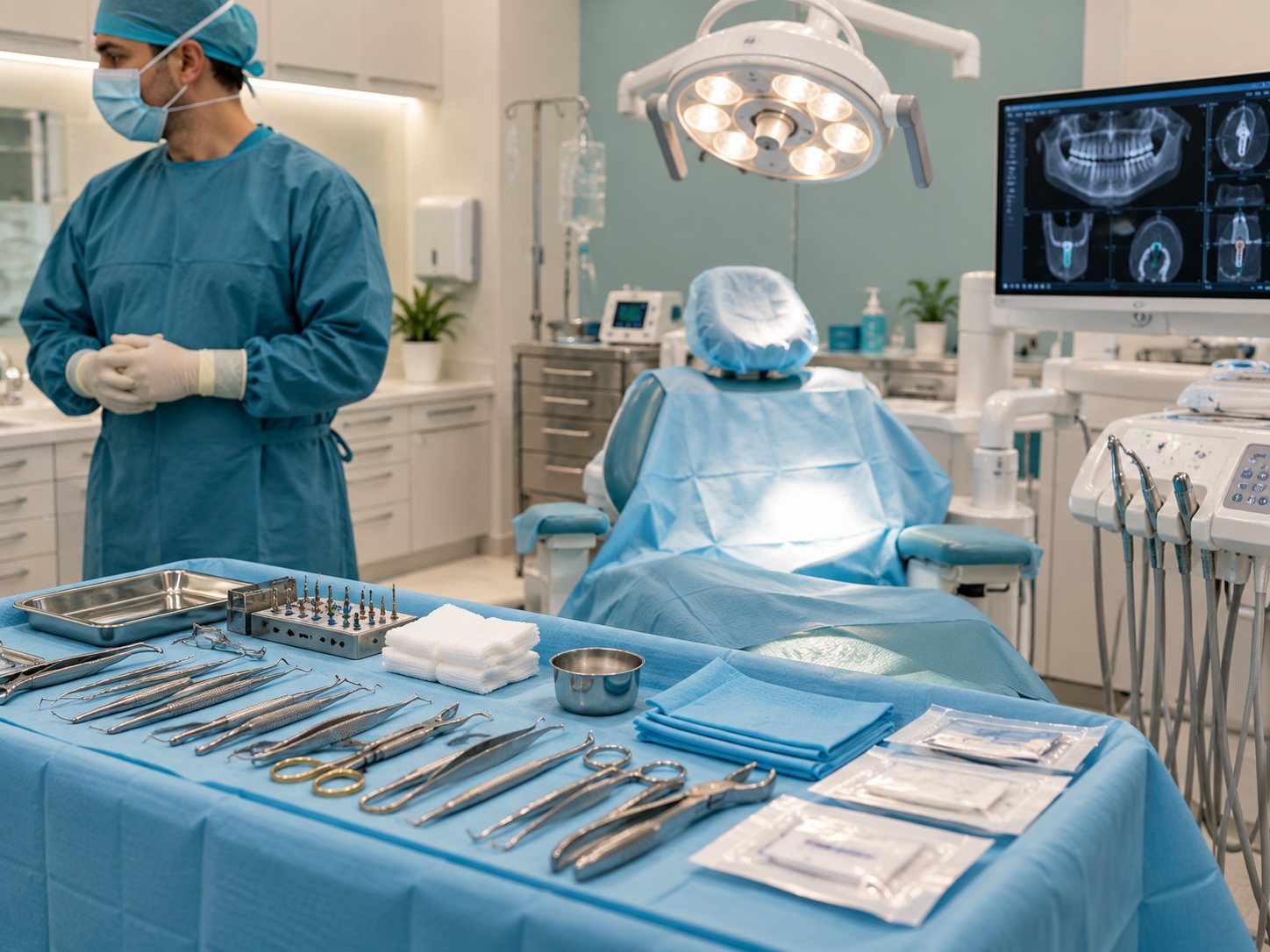 Surgical suite prepared, with instrument tray and surgeon