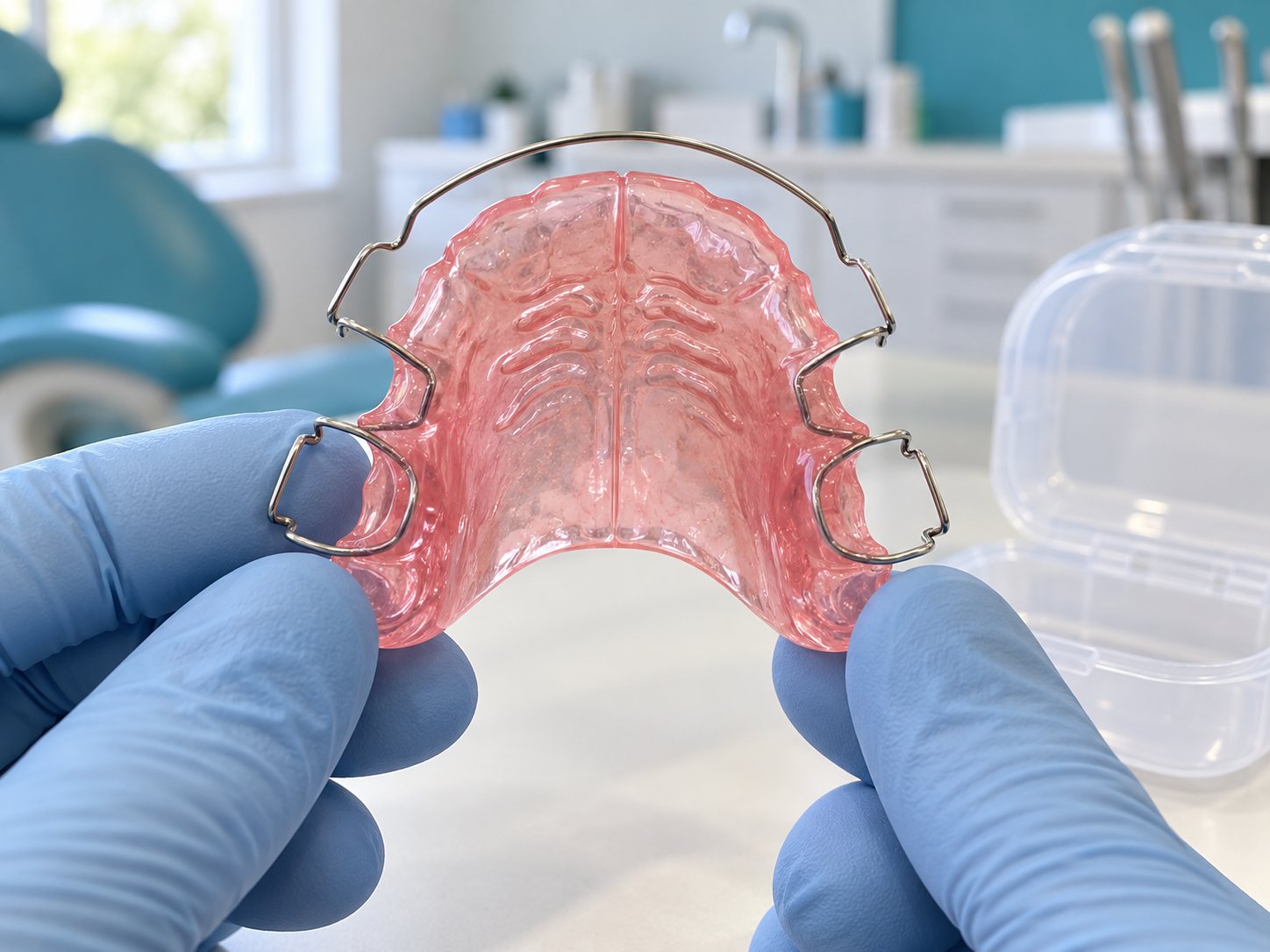 A removable orthodontic appliance held in gloved hands
