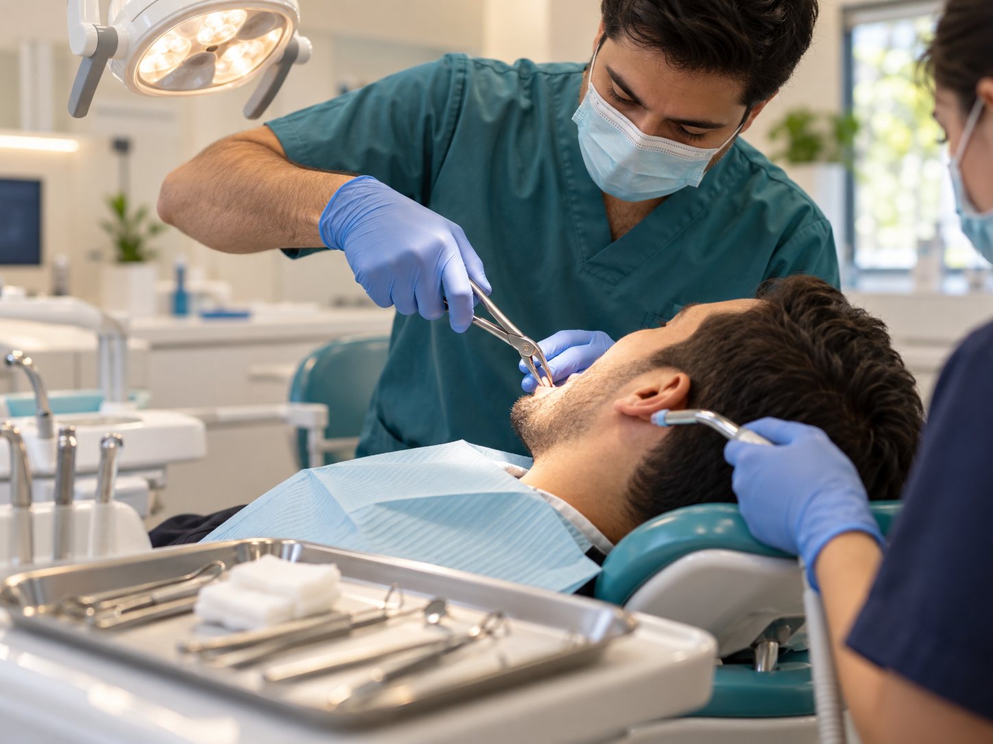 Dentist carrying out a tooth extraction, assistant beside